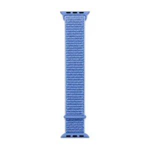 Cornflower blue Sport Loop Apple Watch band for women, comfortable soft woven nylon replacement strap.