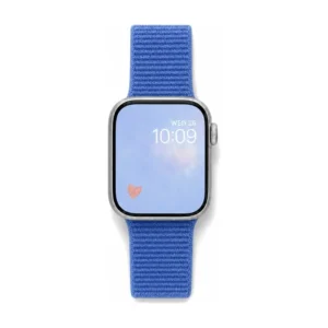 Cornflower blue Sport Loop Apple Watch band for women, comfortable soft woven nylon replacement strap.
