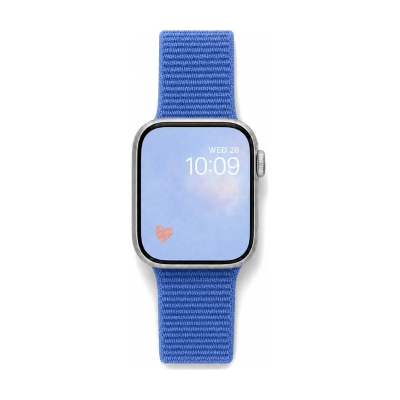 Cornflower blue Sport Loop Apple Watch band for women, comfortable soft woven nylon replacement strap.