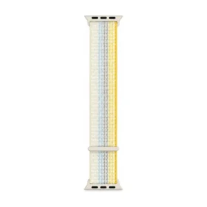 Cream, yellow and blue striped Sport Loop Apple Watch band for women, comfortable soft woven nylon strap.