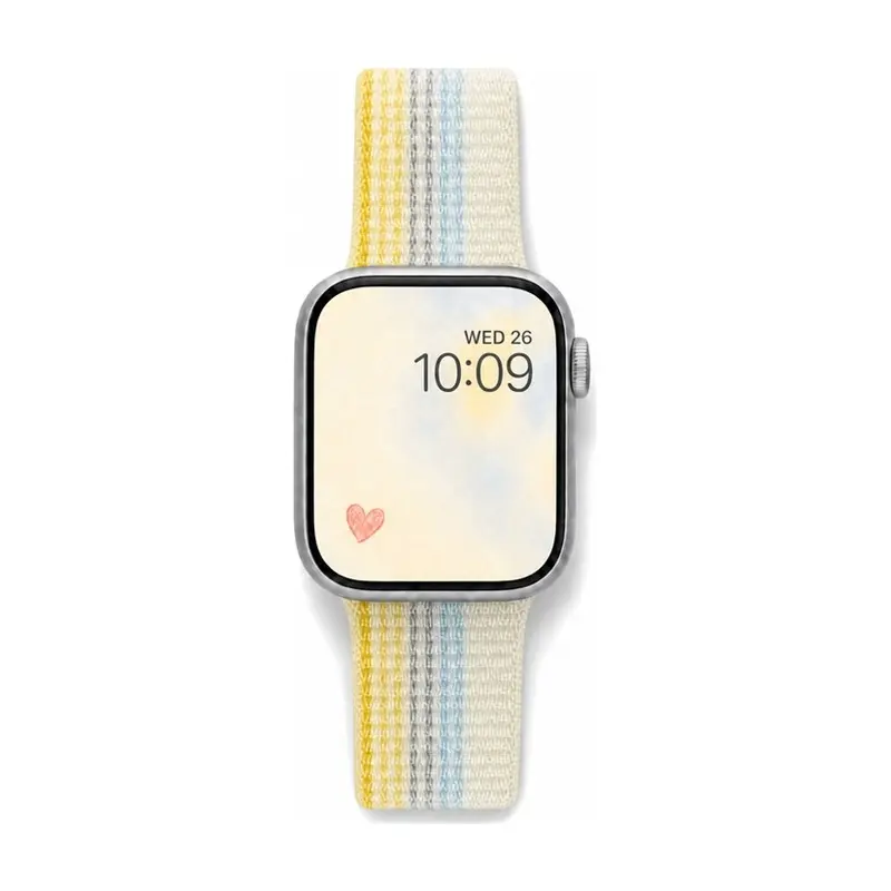 Cream, yellow and blue striped Sport Loop Apple Watch band for women, comfortable soft woven nylon strap.