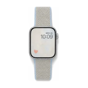 Oatmeal and blue Sport Loop Apple Watch band for women, comfortable soft woven nylon replacement strap.