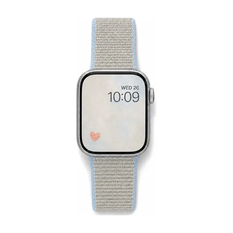 Oatmeal and blue Sport Loop Apple Watch band for women, comfortable soft woven nylon replacement strap.
