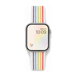 White rainbow stripe Sport Loop Apple Watch band for women, comfortable soft woven nylon replacement strap.