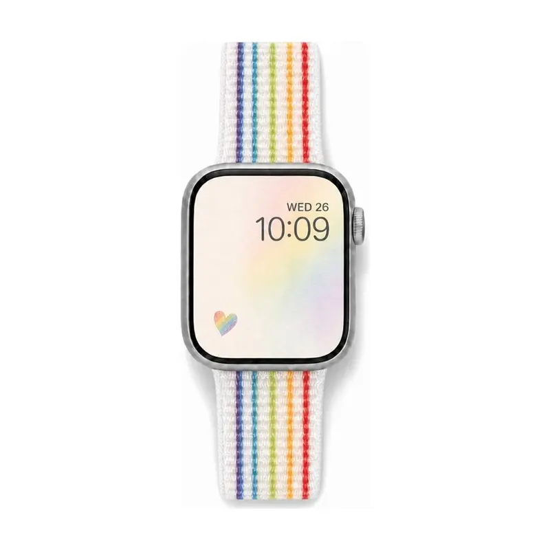 White rainbow stripe Sport Loop Apple Watch band for women, comfortable soft woven nylon replacement strap.