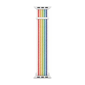 White rainbow stripe Sport Loop Apple Watch band for women, comfortable soft woven nylon replacement strap.